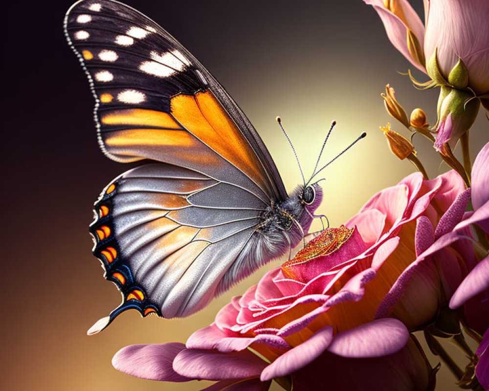 Vibrant butterfly with patterned wings on pink flower against warm backdrop