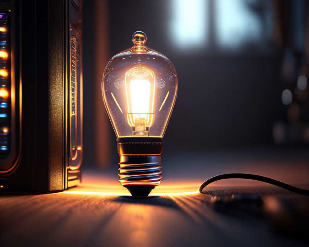 Vintage-style light bulb and computer tower on wooden desk in dimly lit room