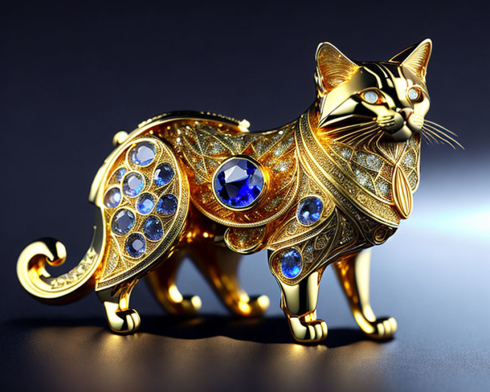 Golden Cat Figurine with Blue Gemstones and Filigree Patterns