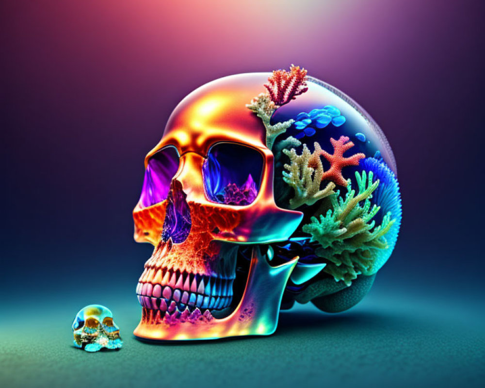 Colorful iridescent skulls with coral adornments on gradient background