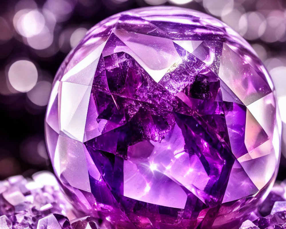 Faceted Sparkling Purple Gemstone on Crystals and Bokeh Background