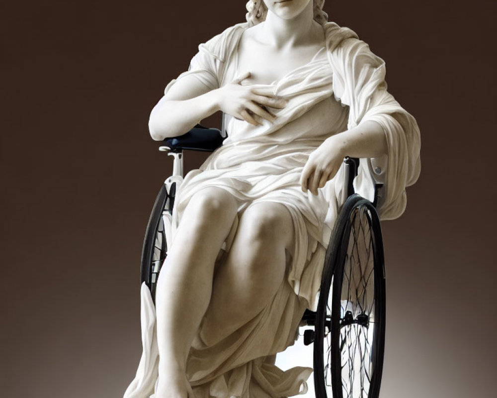 Classical sculpture merged with modern wheelchair elements showcasing contrasting eras and abilities