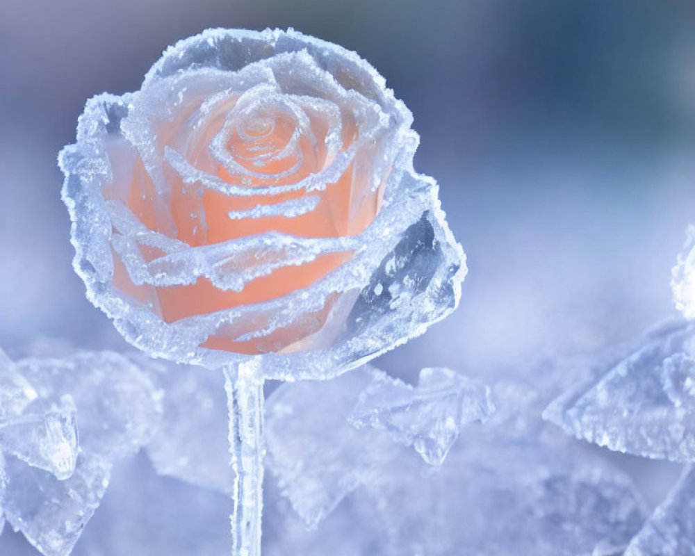 Frost-Covered Rose on Blurred Background: Floral Beauty and Icy Crystals Interplay