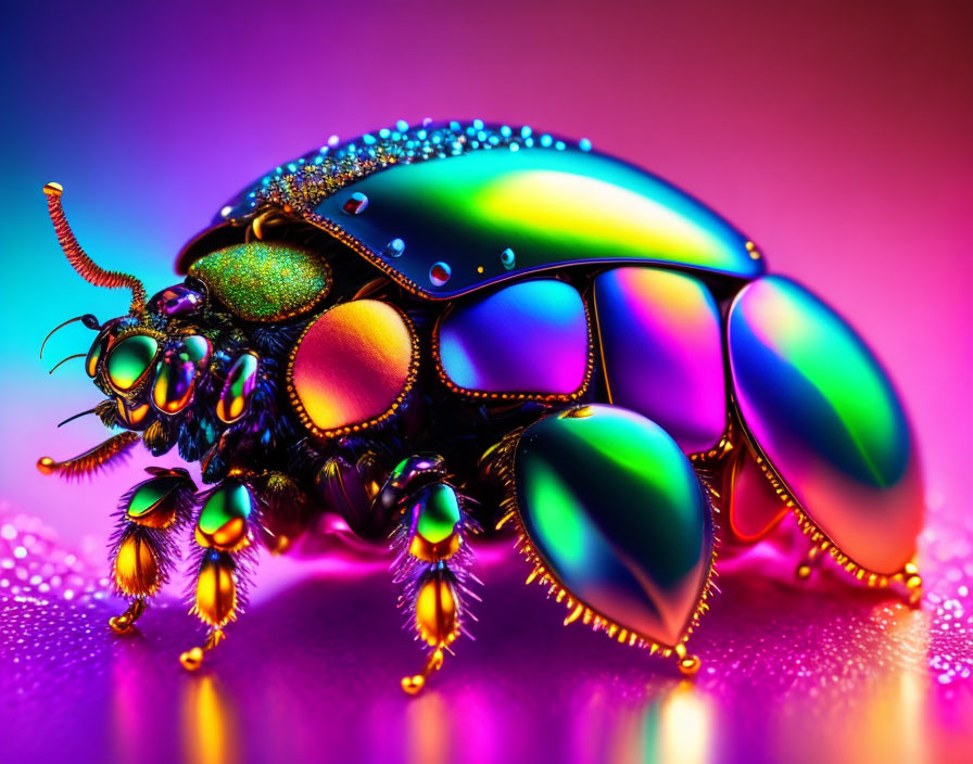 Vibrant metallic beetle on pink and blue background with water droplets