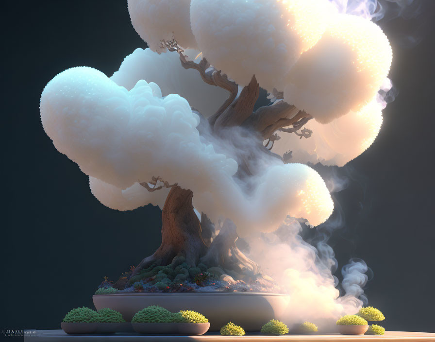 Surreal tree illustration with cloud-like foliage in misty landscape