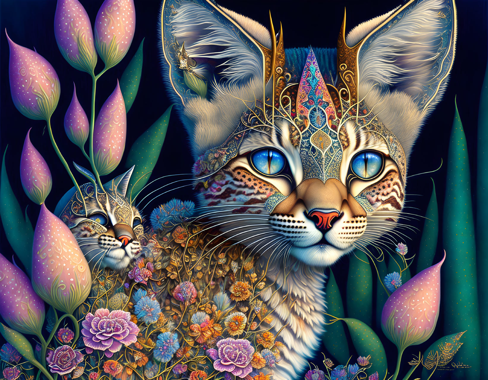 Intricately patterned whimsical cats with floral and jeweled adornments on dark background