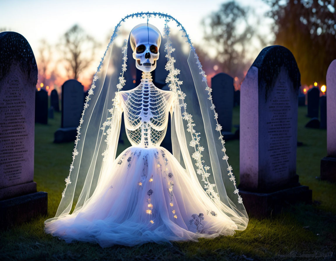 Skeleton in Bridal Gown with Lights in Cemetery at Dusk