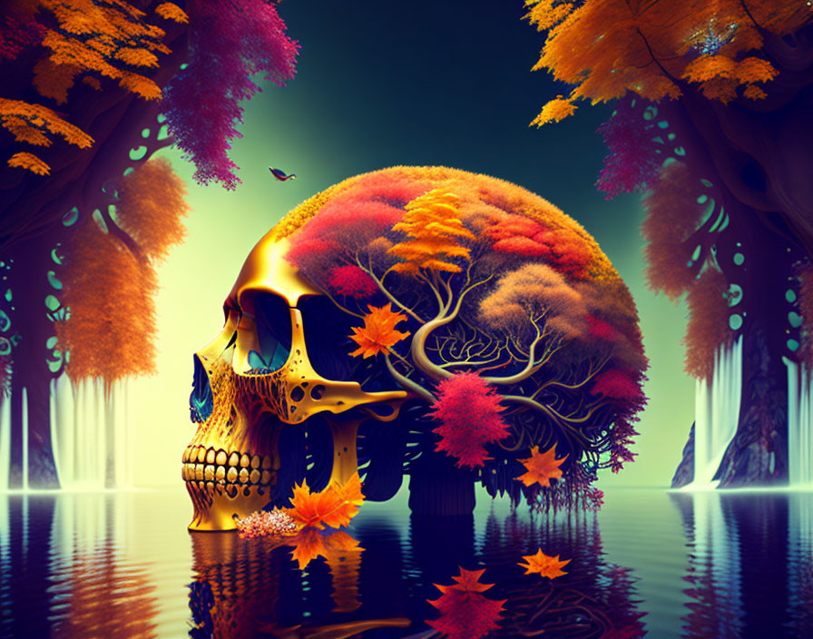 Surreal human skull with tree growth in reflective autumn landscape