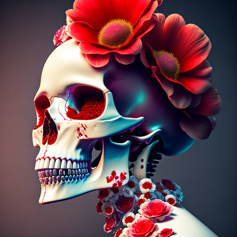 Skull profile with red flowers on dark background