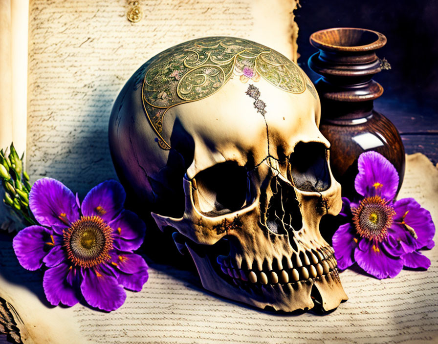 Ornate skull with crack, purple flowers, vintage pot, and old book pages