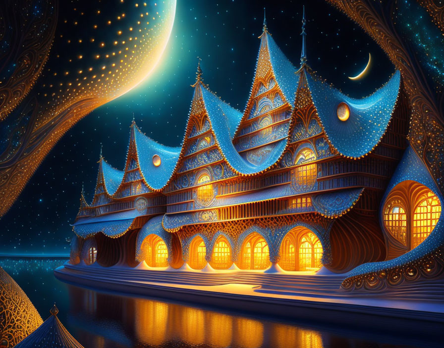 Glowing wooden houses by river under starry sky