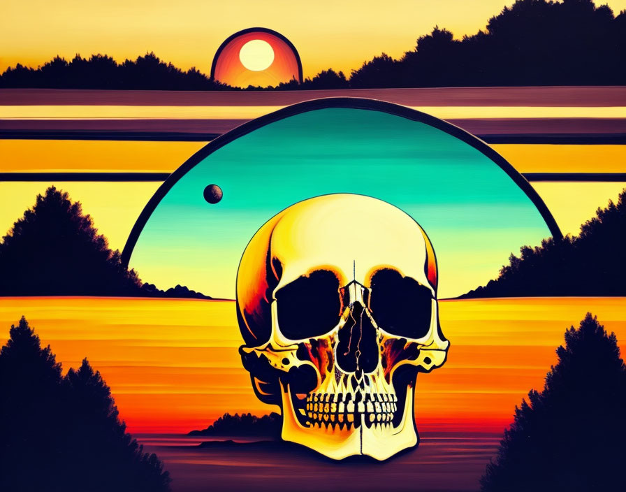 Surreal art: Human skull fused with sunset landscape and celestial elements