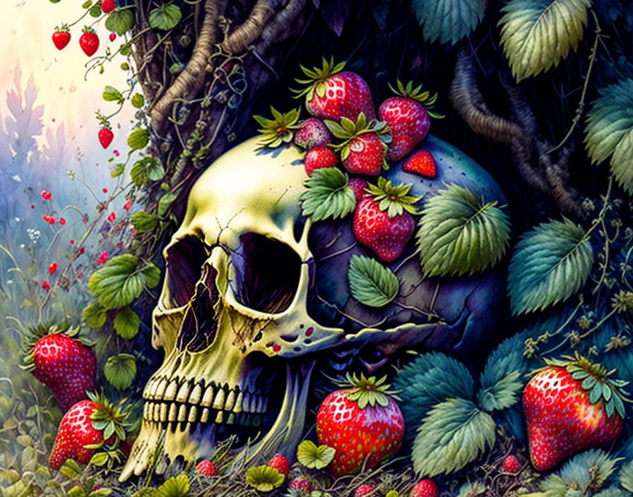 Skull with ripe strawberries in mystical forest