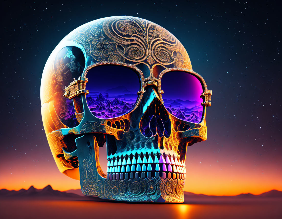 Decorated Skull with Mirrored Sunglasses Reflecting Twilight Sky and Space Background