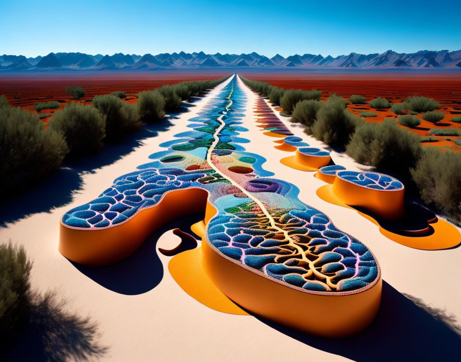 Colorful desert landscape with river-like serpentine structure and mountainous backdrop