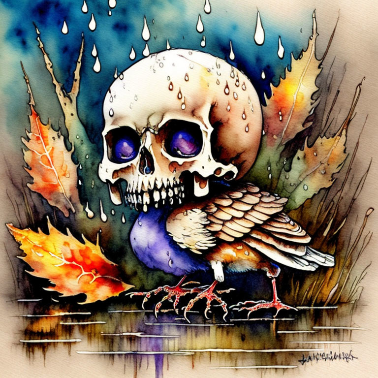 Skull and Bird Watercolor Painting with Autumn Leaves and Blue Hues