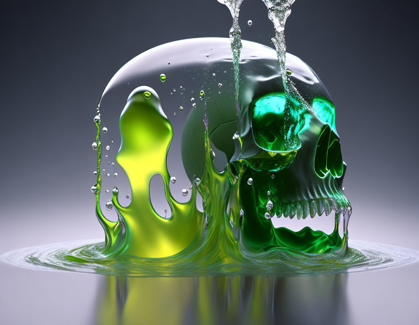 Green skull partially submerged in liquid with viscous fluid, 3D rendered image.