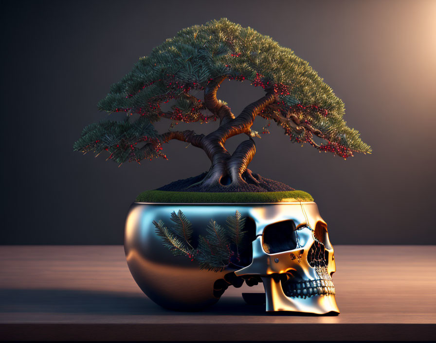 Bonsai tree with red berries in skull-shaped gold pot