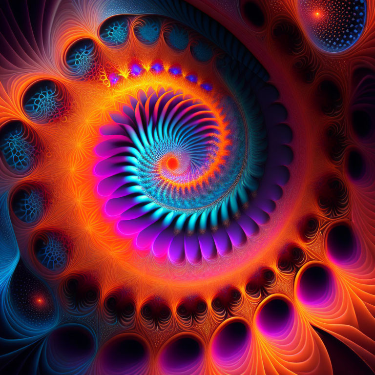 Colorful Spiraling Fractal with Blue to Orange Gradient and Coral-like Textures