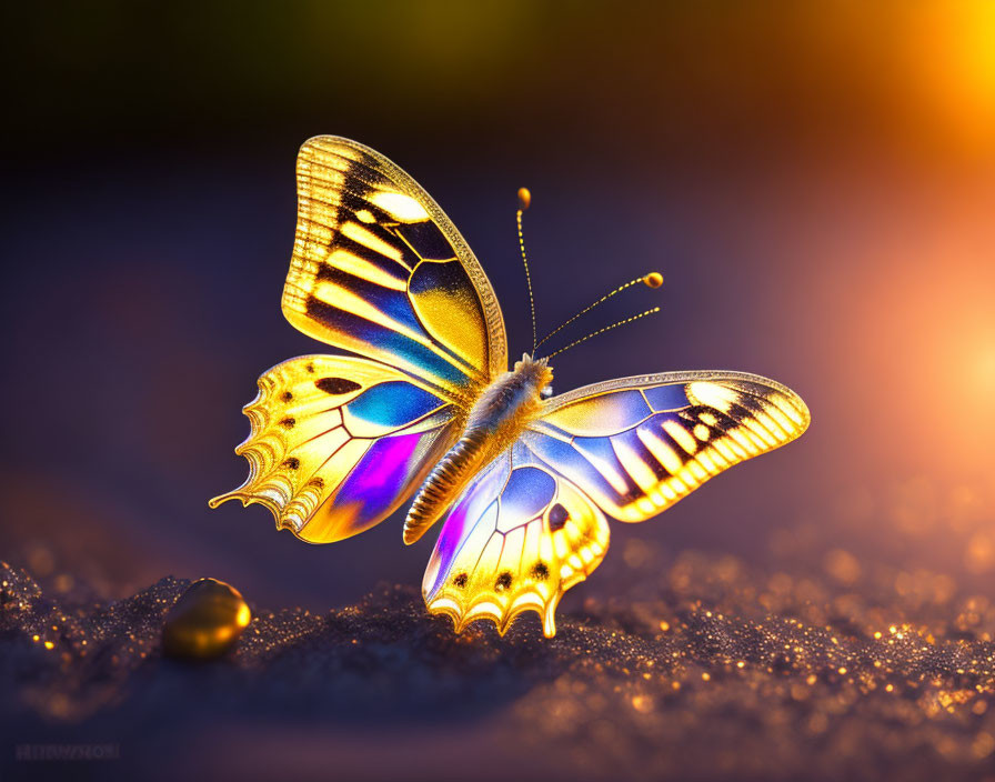 Colorful butterfly with iridescent wings on glittering surface at sunset