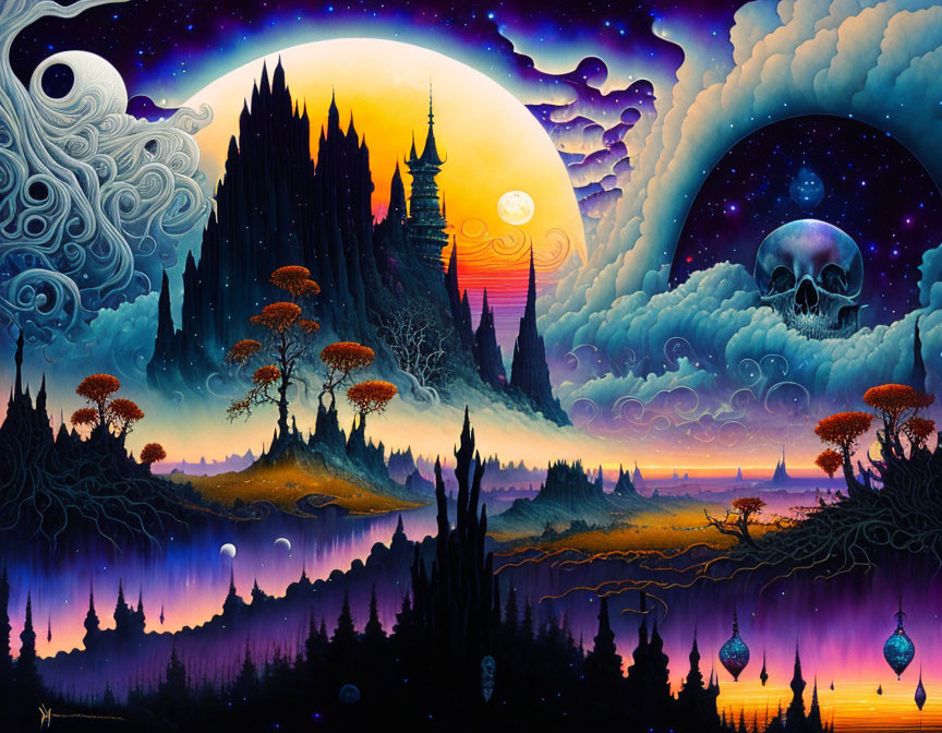 Colorful Fantasy Landscape with Castle, Celestial Bodies, and Floating Islands