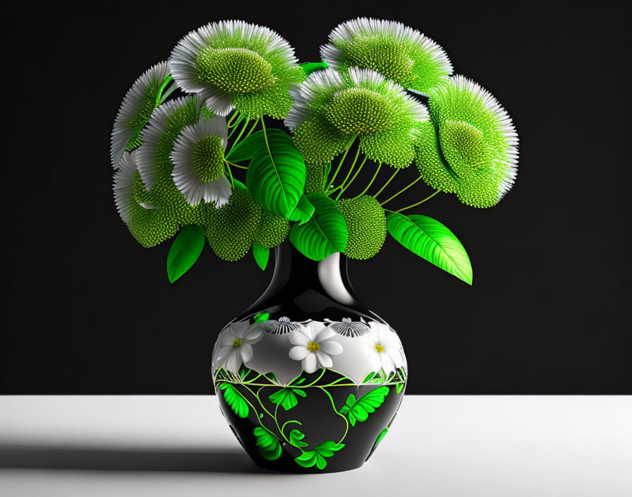 Stylized digital artwork of black vase with white floral patterns and oversized green spherical flowers