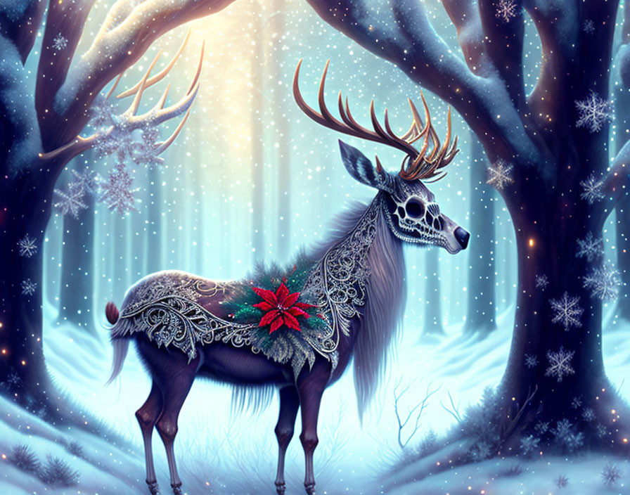 Majestic stag with lace-like patterns in snowy forest