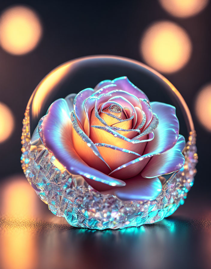 Digital image: Metallic pink and gold rose on crystal base against bokeh light.