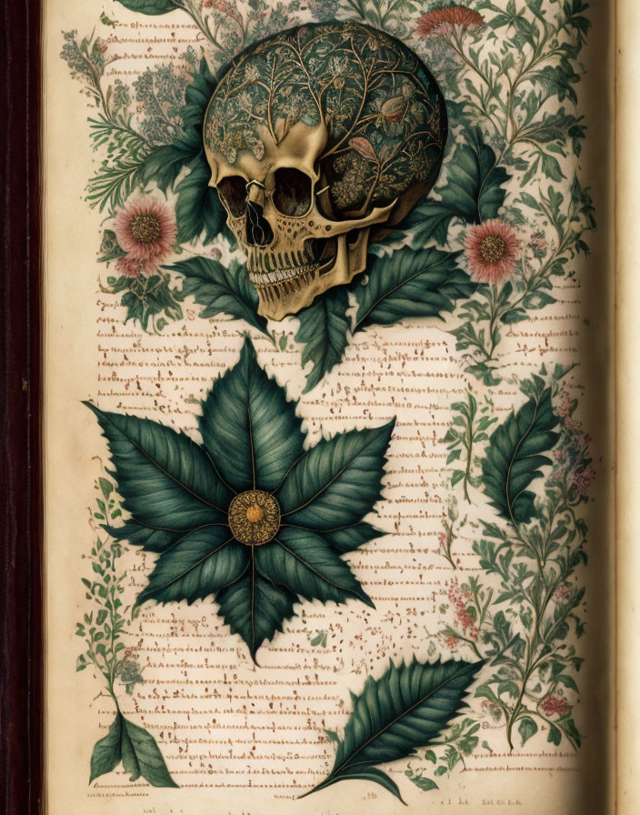 Decorated Skull on Vintage Botanical Manuscript Page