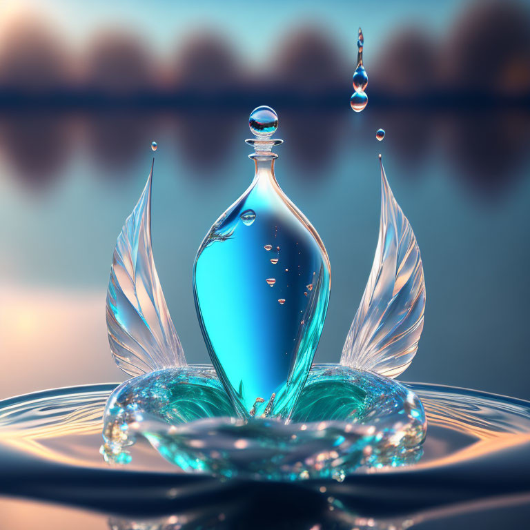 Blue liquid droplet forms bottle shape on impact with surface, surrounded by wing-like splashes