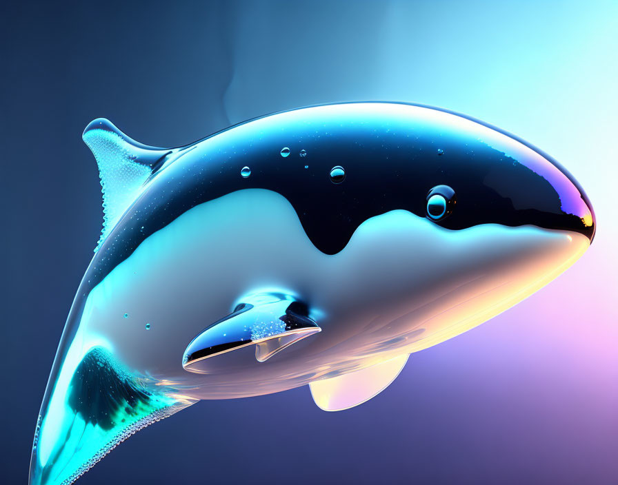 Shiny metallic orca whale on blue and purple background