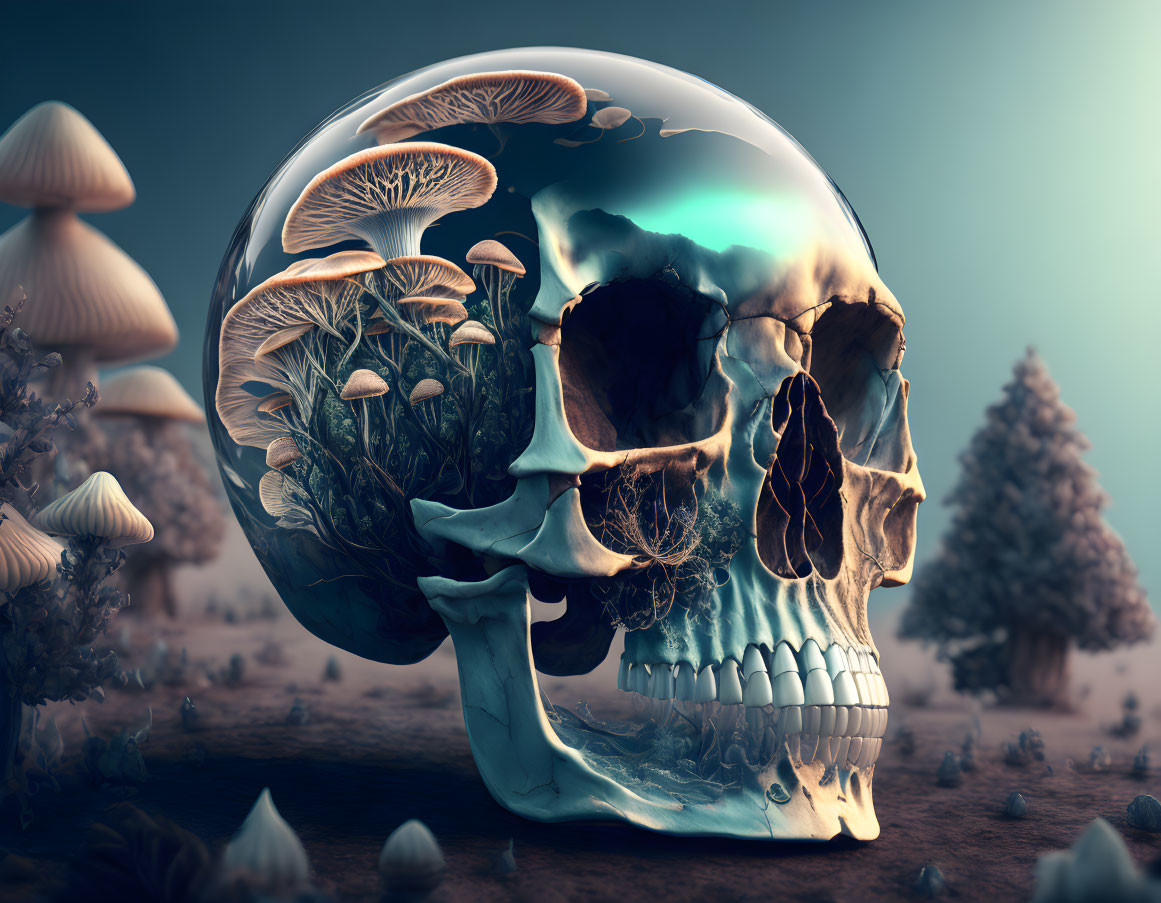 Surreal transparent skull filled with mushrooms in dreamy forest landscape