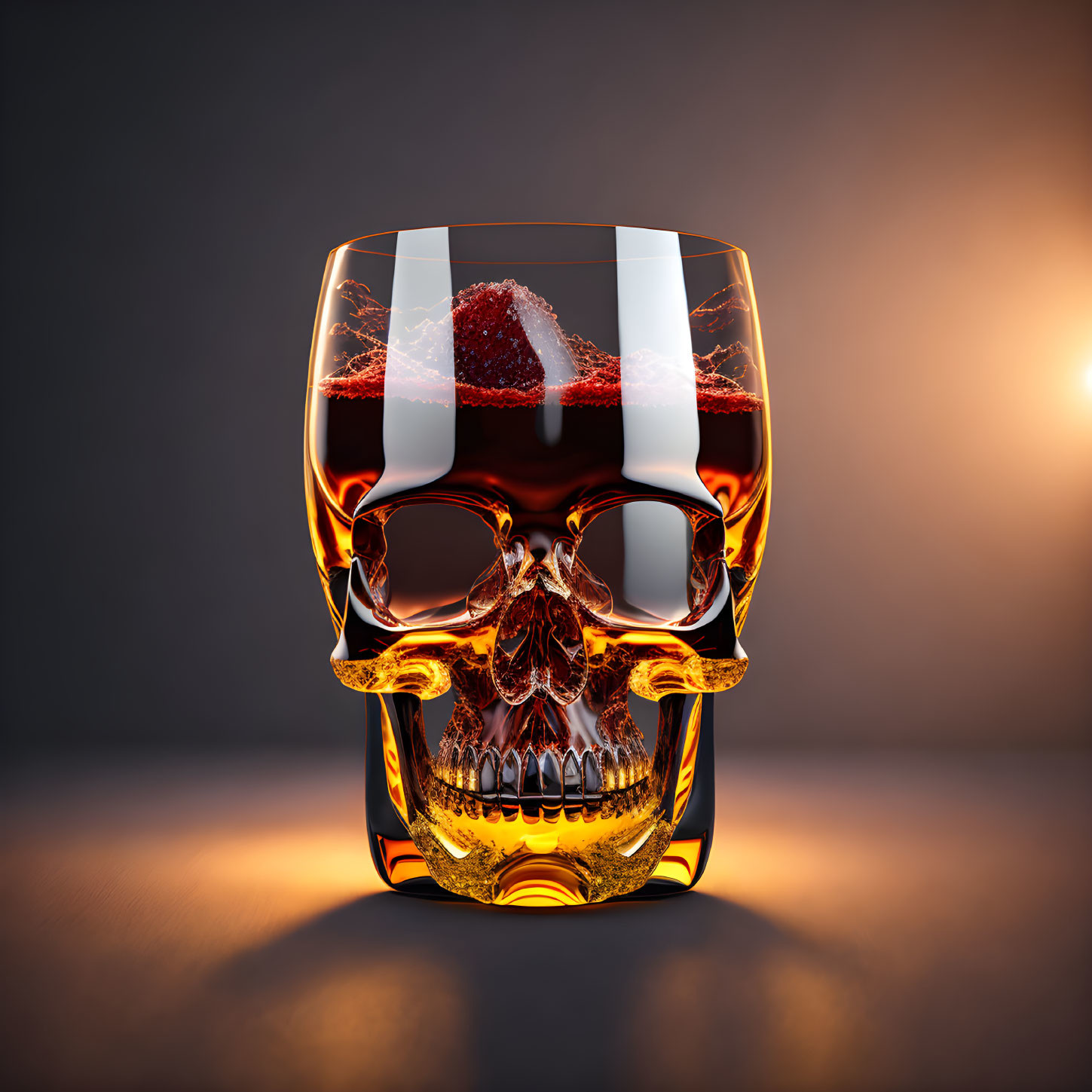 Skull-shaped glass with amber liquid on dark background