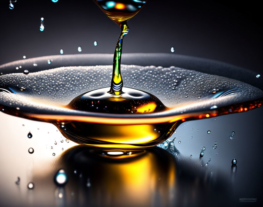 Close-up of water droplet collision creating ripples on reflective surface