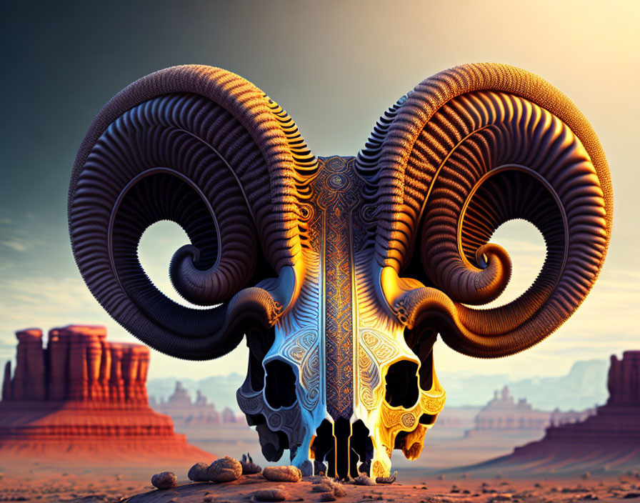 Surreal ram with intricate horns in desert landscape with mesas under warm sky