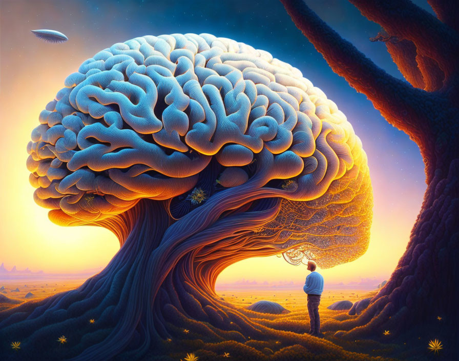 Person under giant brain tree with sunset backdrop and UFOs