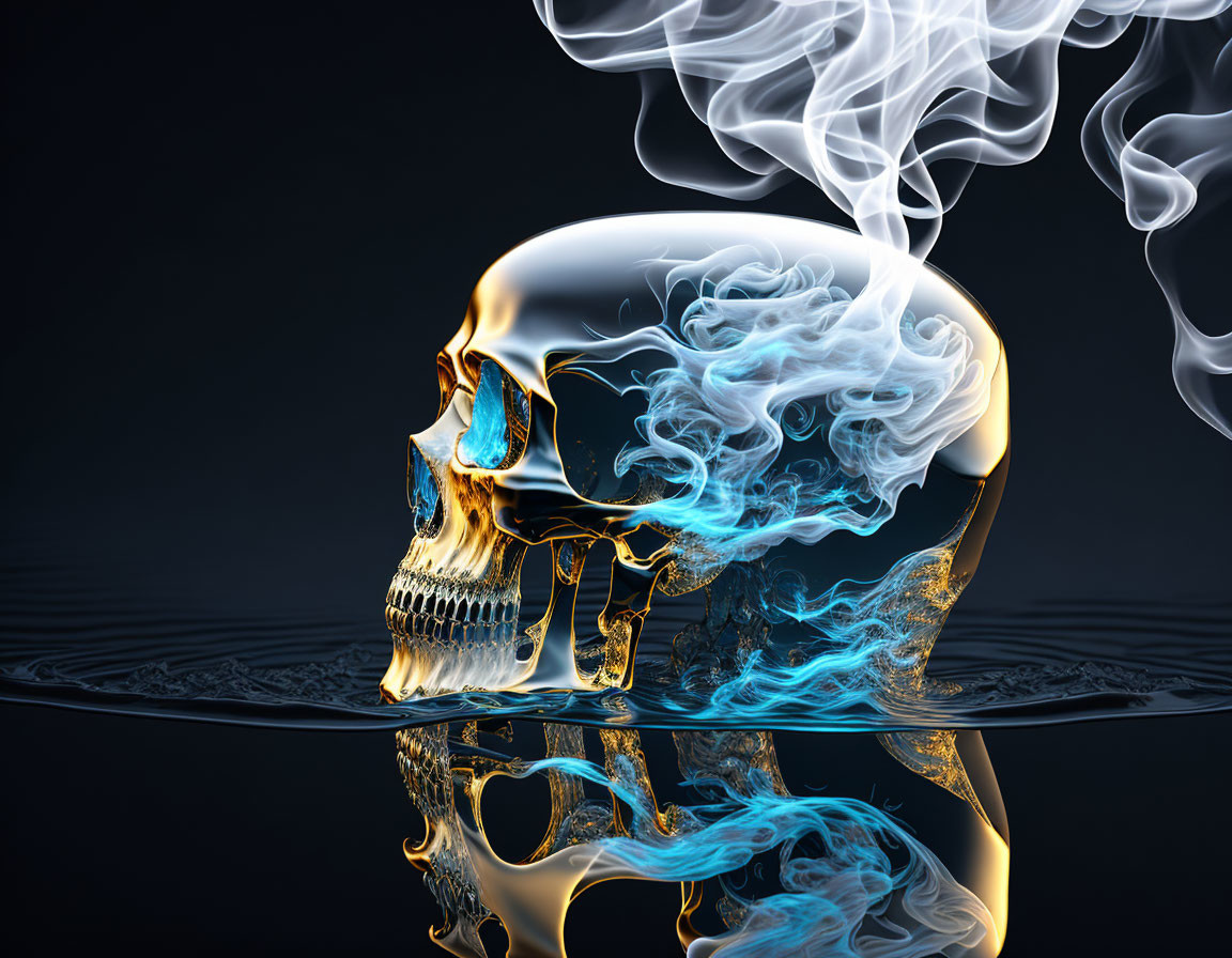 Digital artwork: Human skull with smoke on glossy surface