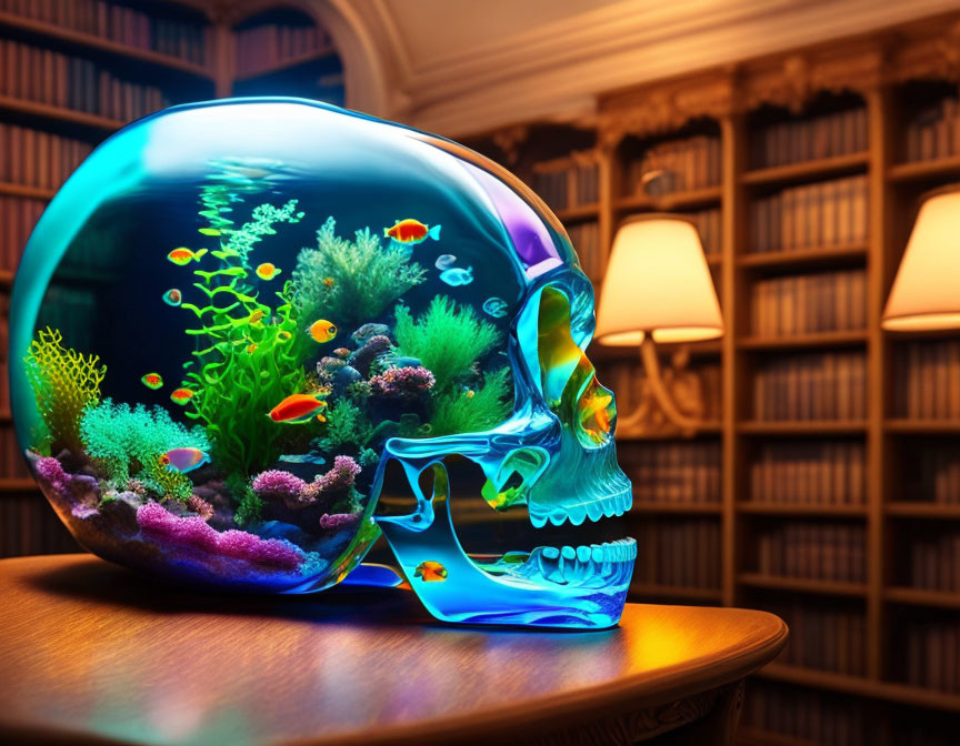 Colorful Fish and Corals in Skull-Shaped Aquarium on Table with Bookshelves