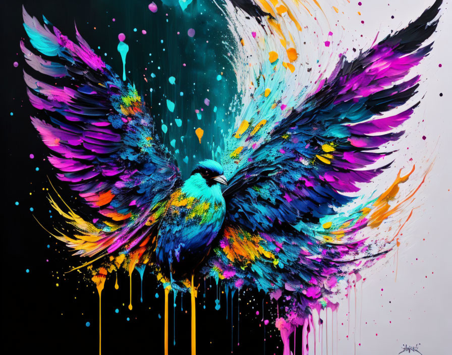 Colorful bird painting with expansive wings on splattered background