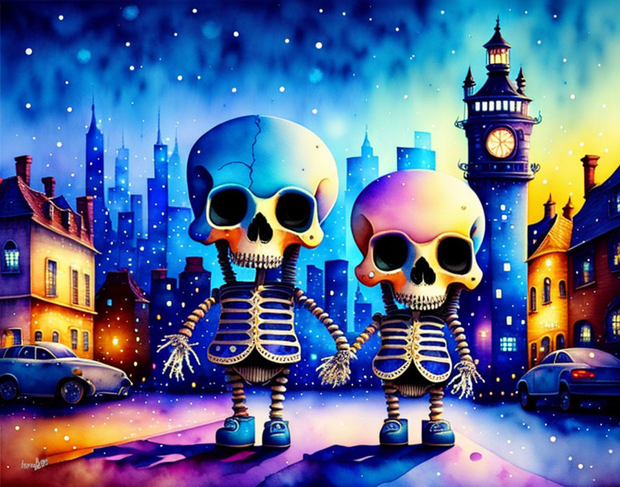 Stylized skeletons holding hands under starry sky with cityscape & clock tower