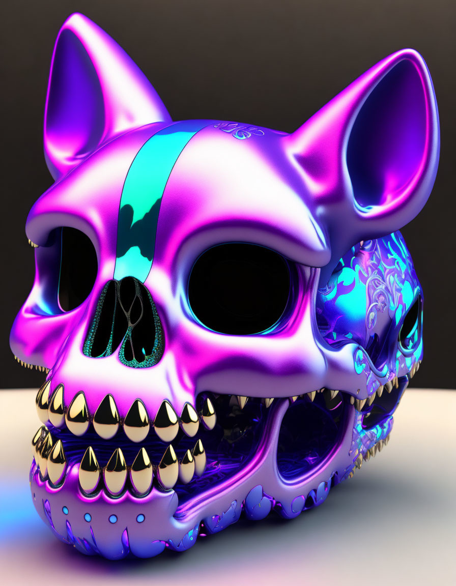 Colorful Metallic Skull with Purple and Blue Stripes and Golden Teeth