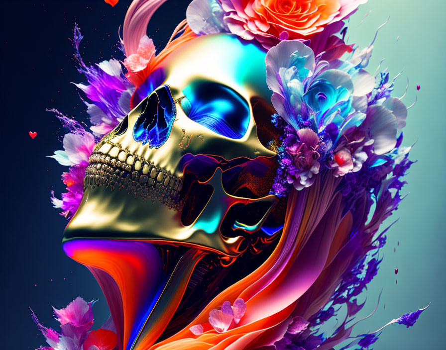 Colorful Flower Skull Artwork with Abstract Shapes and Hearts