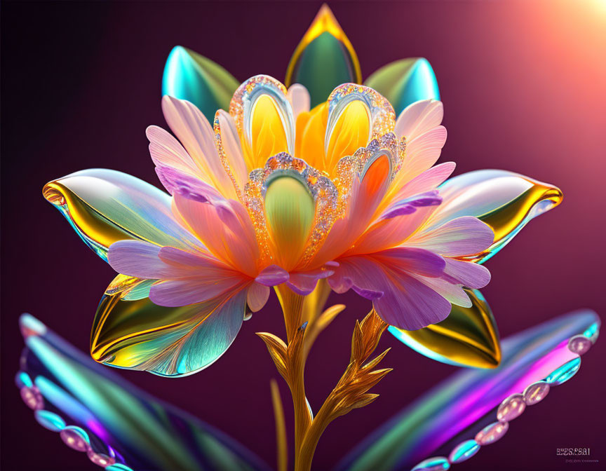 Colorful luminescent flower artwork on purple background