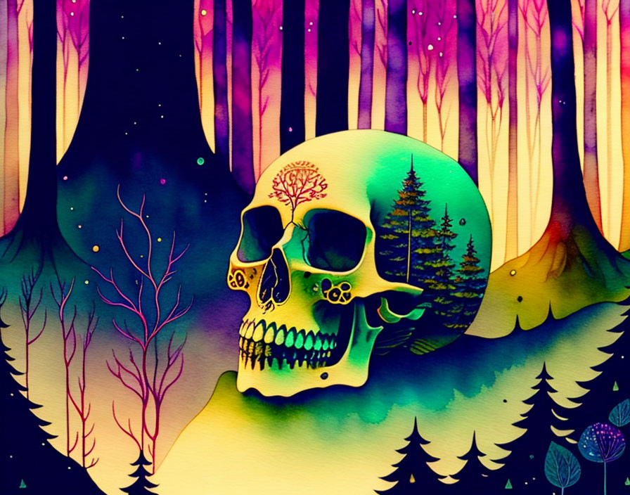 Colorful Skull Illustration with Forest Reflection