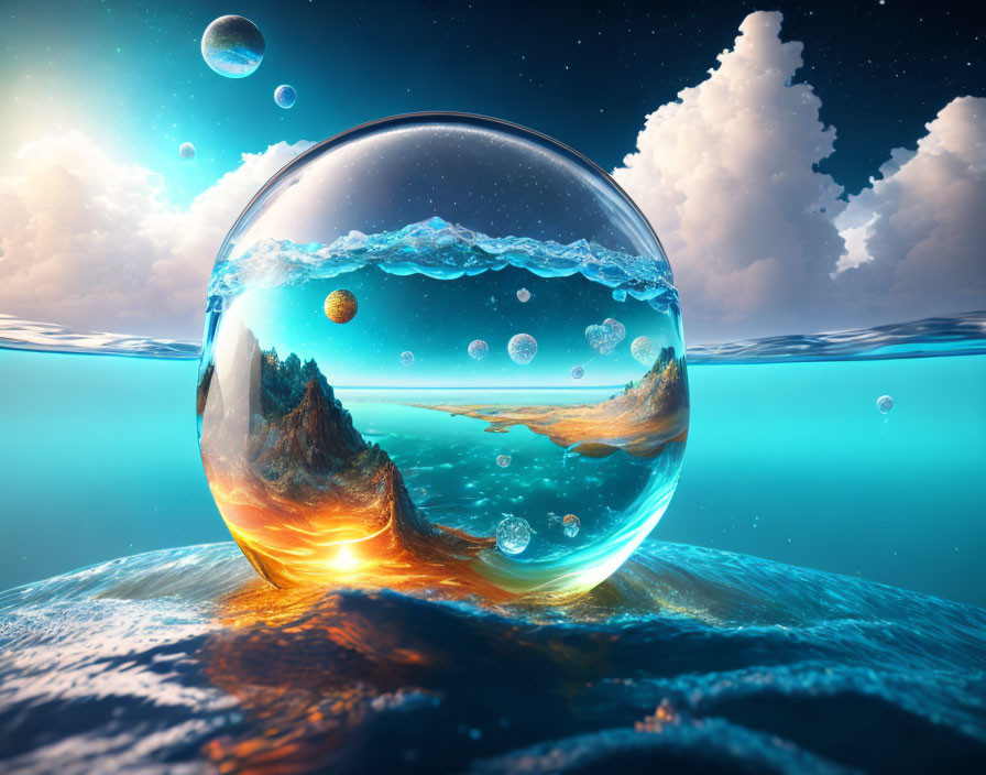 Surreal transparent sphere with miniature seascape and mountains under celestial sky