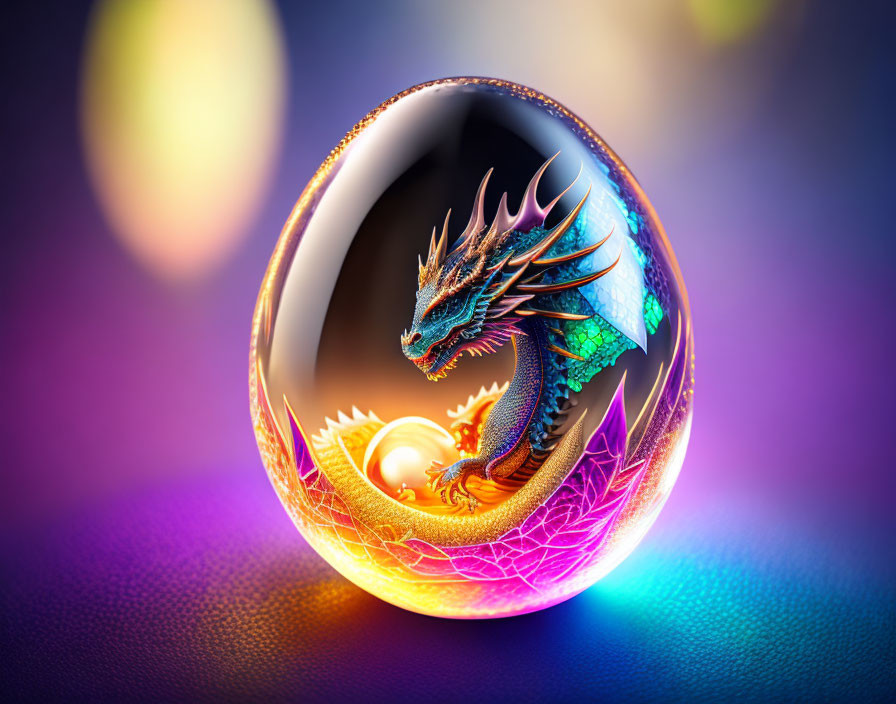 Colorful Dragon in Ornate Egg on Vibrant Digital Art Piece