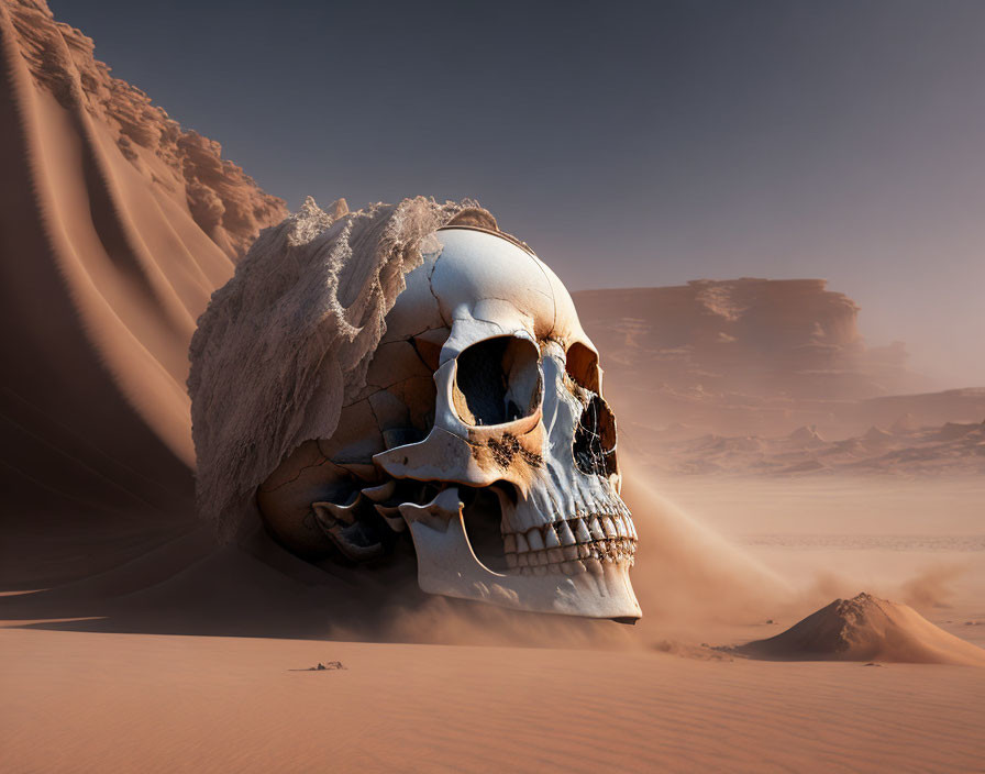 Feathered headdress skull in desert landscape