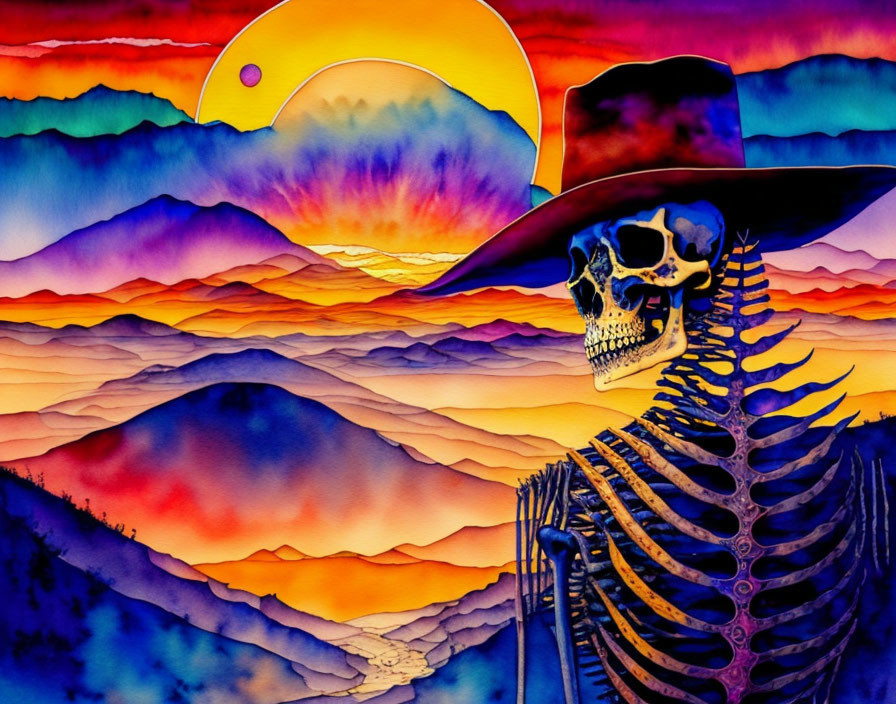 Colorful Watercolor Art: Skeleton in Hat with Sunset Hills