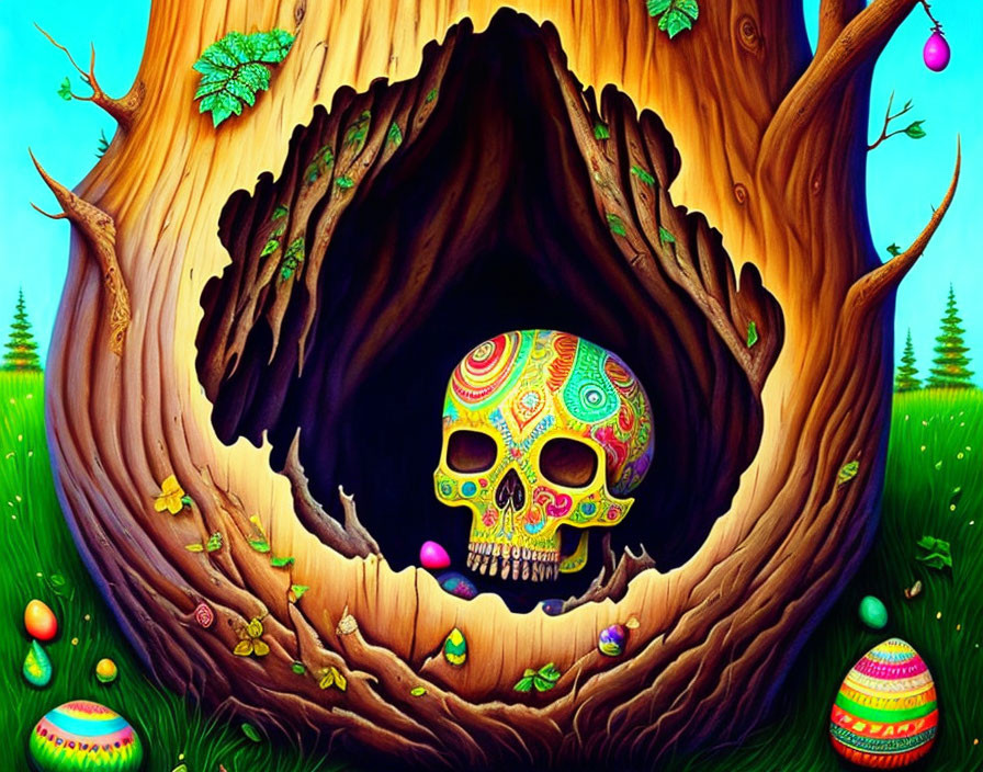 Colorful Skull in Tree Hollow Surrounded by Eggs and Nature Imagery