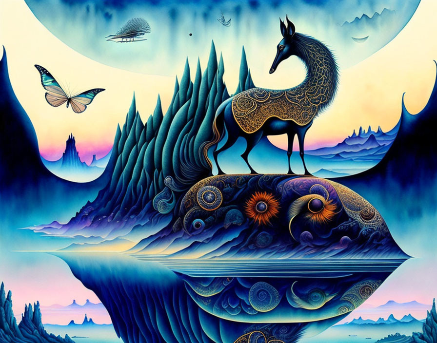 Colorful Surreal Artwork: Stag, Butterfly, Fish, and Whimsical Landscape